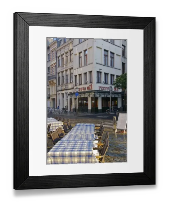 Framed Print : Europe, Belgium, Antwerp. Cafe tables in the sun in an Antwerp square, Number 1 French Framed Print : Europe, Belgium, Antwerp. Cafe tables in the sun in an Antwerp square, Number 1 French