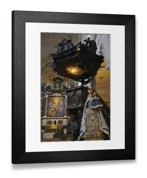 Framed Print : Europe, Belgium, Antwerp. A Madonna and Child statue stands by an ornate oak pulpit