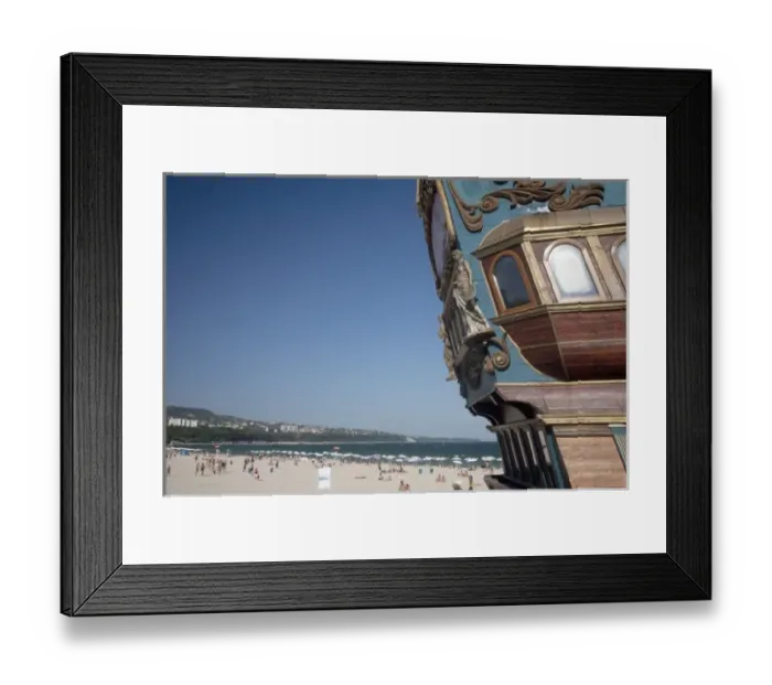 Framed Print : Stern of sailing ship restaurant on popular Black Sea beach at Varna, Bulgaria