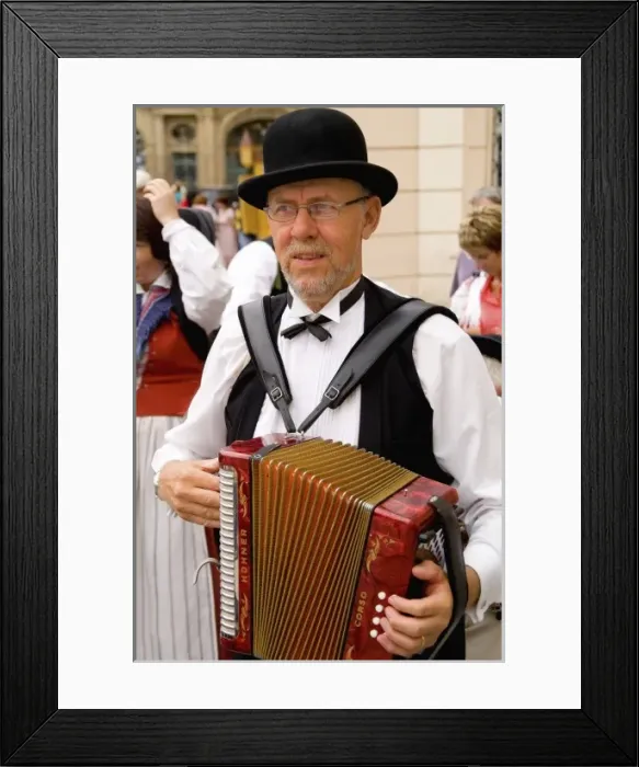 Framed Print : Close up of local people in traditional costume in dancing band in famous Old Town