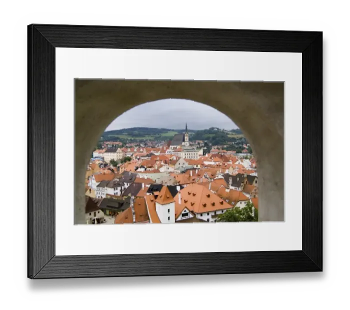 Framed Print : Beautiful aerial thru window from mountaintop of the picturesque small village with Framed Print : Beautiful aerial thru window from mountaintop of the picturesque small village with