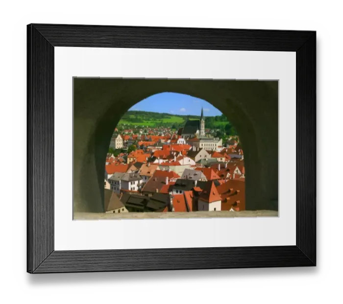 Framed Print : Cityscape of Cesky Krumlov through arch window, Czech Republic Framed Print : Cityscape of Cesky Krumlov through arch window, Czech Republic