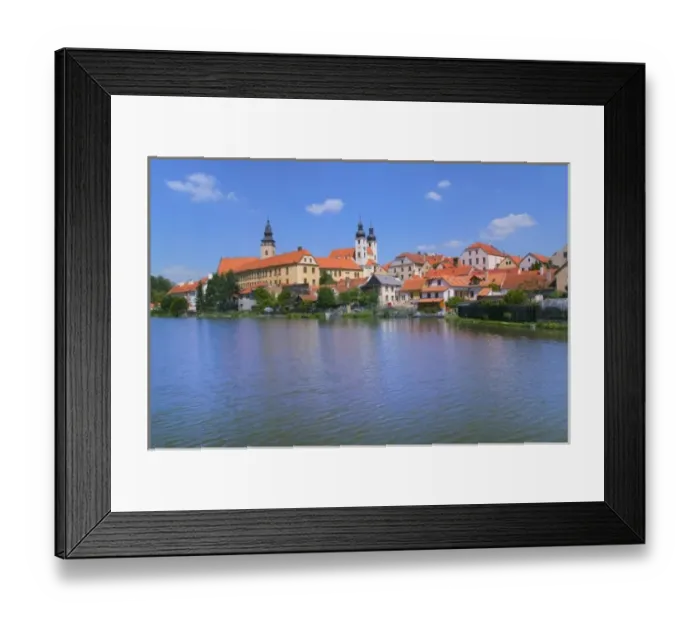Framed Print : Cityscape 16th-century Renaissance houses in Telc by artificial pond, Moravia, Czech