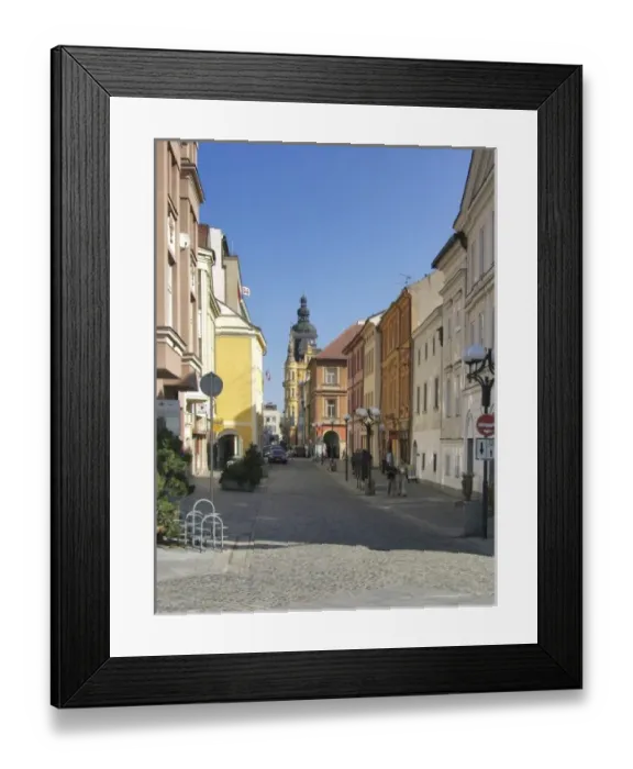 Framed Print : Europe, Czech Republic, Ceske Budejovice. Hroznova Street leads toward the Black Tower