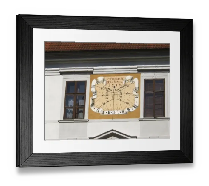 Framed Print : Europe, Czech Republic, Trebon. A 1795 sundial adorns the courtyard wall in the Castle at Trebon