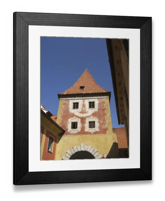 Framed Print : Europe, Czech Republic, Cesky Krumlov. An intricate sundial decorates the Budejovicka Gate