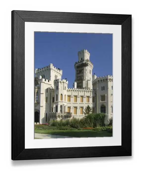 Framed Print : Europe, Czech Republic, Hluboka Castle. Workers repair the main tower at Hluboka