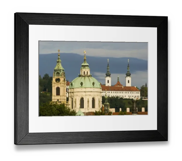 Framed Print : The dome and bell tower of the baroque church of St. Nicholas. Unknown building in the background Framed Print : The dome and bell tower of the baroque church of St. Nicholas. Unknown building in the background