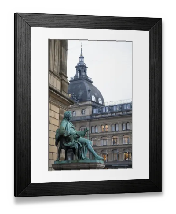 Framed Print : Copenhagen, Denmark - A statue of a man sitting in a chair wearing 18th century clothes