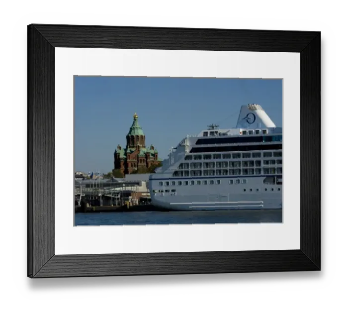 Framed Print : Finland, Helsinki. Oceania Insignia cruise ship with Uspenski Cathedral in background