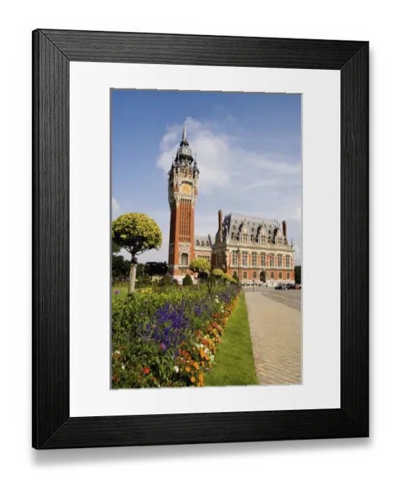 Framed Print : Colorful flowers in sunshine of beautiful Hotel de Ville architecture in small French Framed Print : Colorful flowers in sunshine of beautiful Hotel de Ville architecture in small French