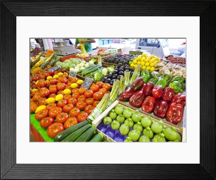Framed Print : France, Provence, Cannes. Display of vegetables and fruit for sale at market