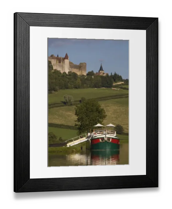 Framed Print : Barge tied to bank of Burgundy Canal, Chateau Neuf en Auxois, Cote d Or, Burgundy Framed Print : Barge tied to bank of Burgundy Canal, Chateau Neuf en Auxois, Cote d Or, Burgundy