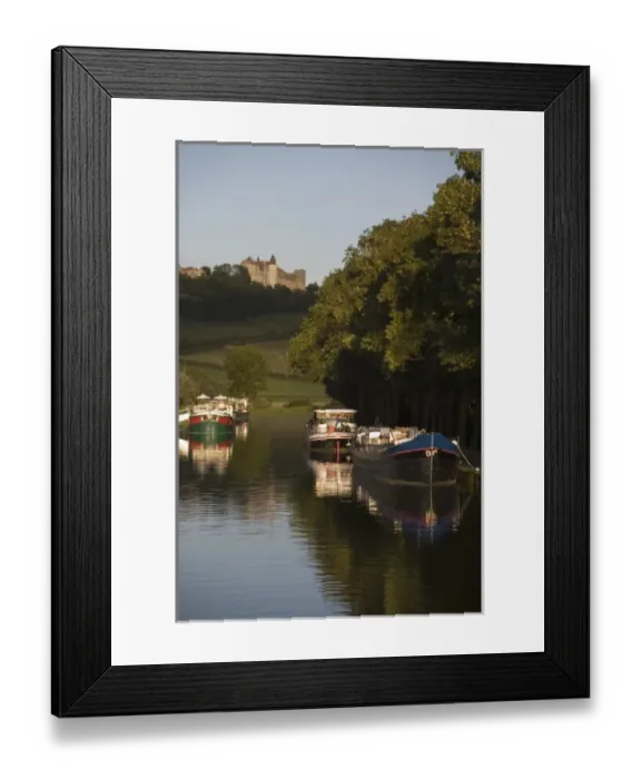 Framed Print : Barges tied to bank of Burgundy Canal, Chateau Neuf en Auxois, Cote d Or, Burgundy Framed Print : Barges tied to bank of Burgundy Canal, Chateau Neuf en Auxois, Cote d Or, Burgundy