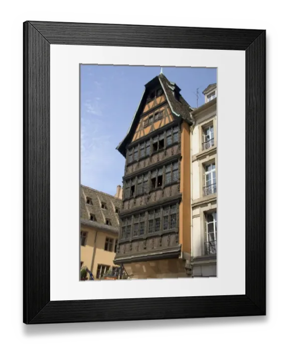 Framed Print : Wooden carved facade on a building at Strasbourg, France near the Cathedral