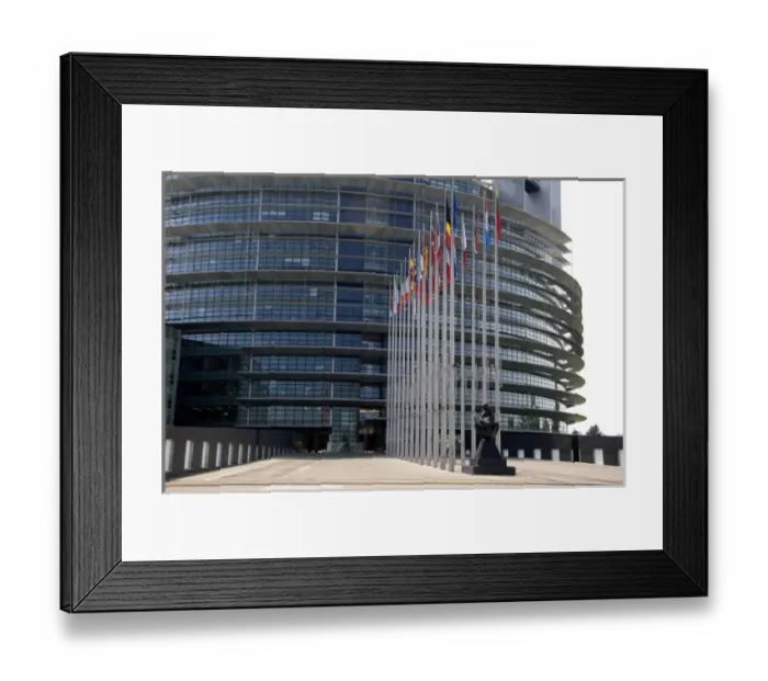Framed Print : European Union Parliament and flags of member nations in Strasbourg, France