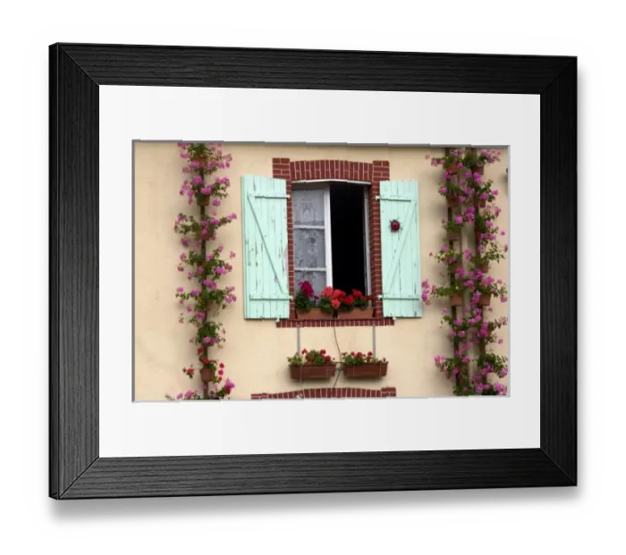 Framed Print : House with a nice display of geraniums in the department of Manche, France Framed Print : House with a nice display of geraniums in the department of Manche, France