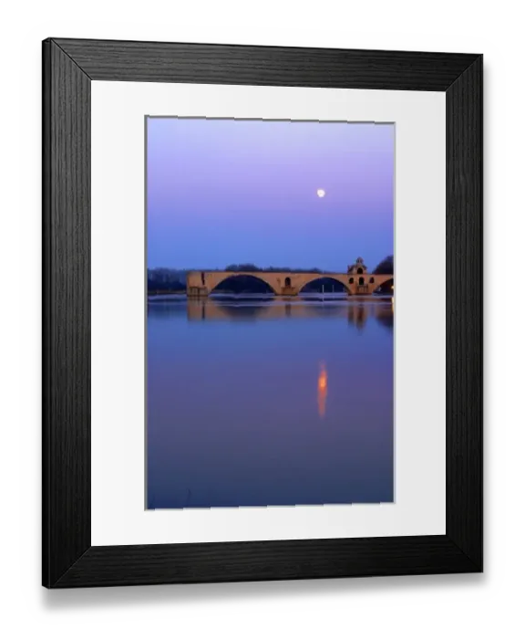 Framed Print : The Pont St. Benezet bridge in Avignon on the Rhone at sunset with moon, Vaucluse