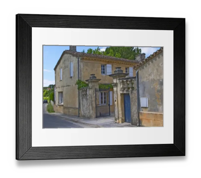 Framed Print : The Chateau Roc de Cambes with stone wall iron gate and stone gate posts with the name carved