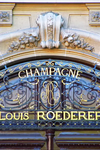 The portico in wrought iron on entrance door to Champagne Louis Roederer, Reims