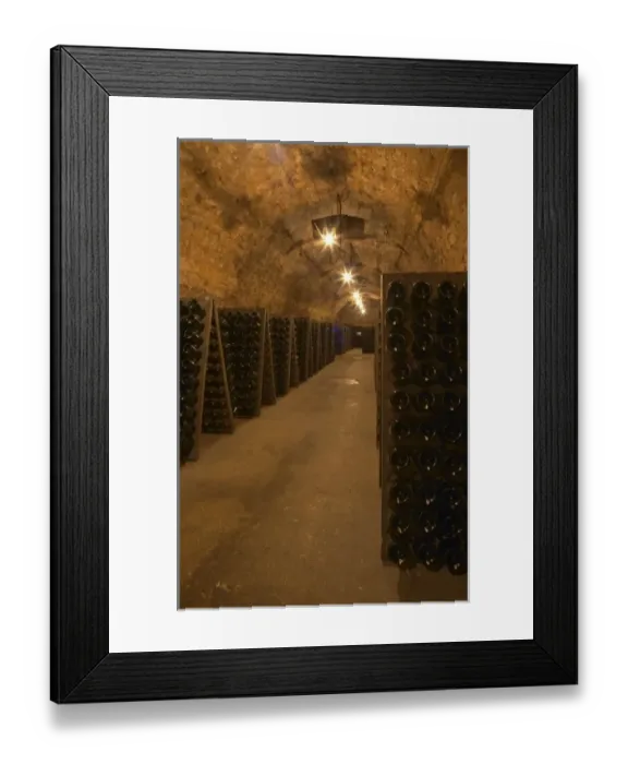 Framed Print : Bottles in racks (pupitres) for remuage (riddling of the bottles) to make the sediment