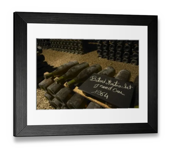 Framed Print : Bottles of Batard Montrachet Grand Cru 1964 Burgundy wine with the appellation written