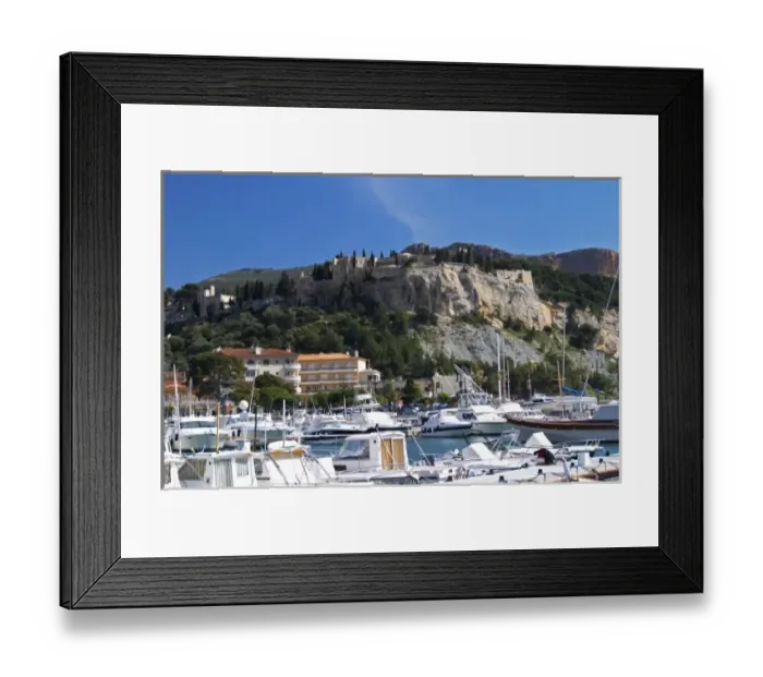 Framed Print : In the harbour in Cassis village. Fishing and liesure boats moored at the key side Framed Print : In the harbour in Cassis village. Fishing and liesure boats moored at the key side