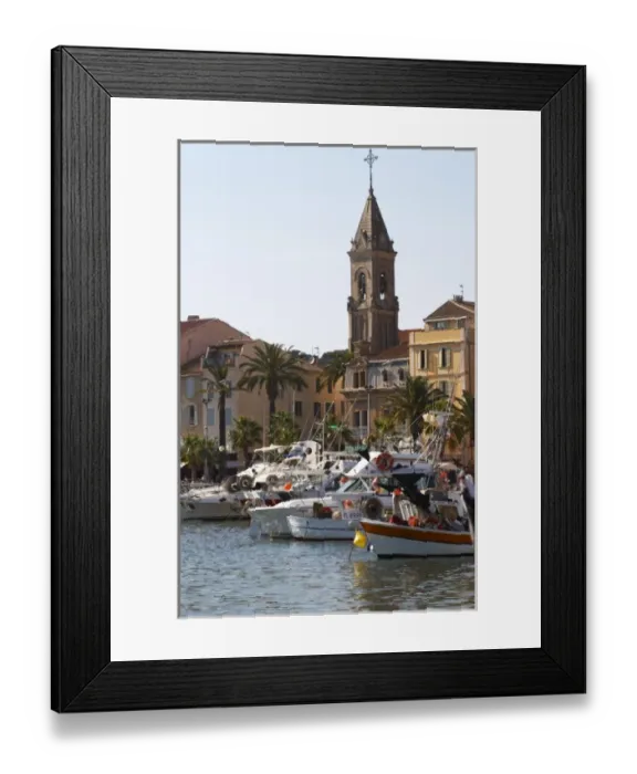 Framed Print : View of the harbour with fishing and leisure boats and sea front buldings Sanary Framed Print : View of the harbour with fishing and leisure boats and sea front buldings Sanary