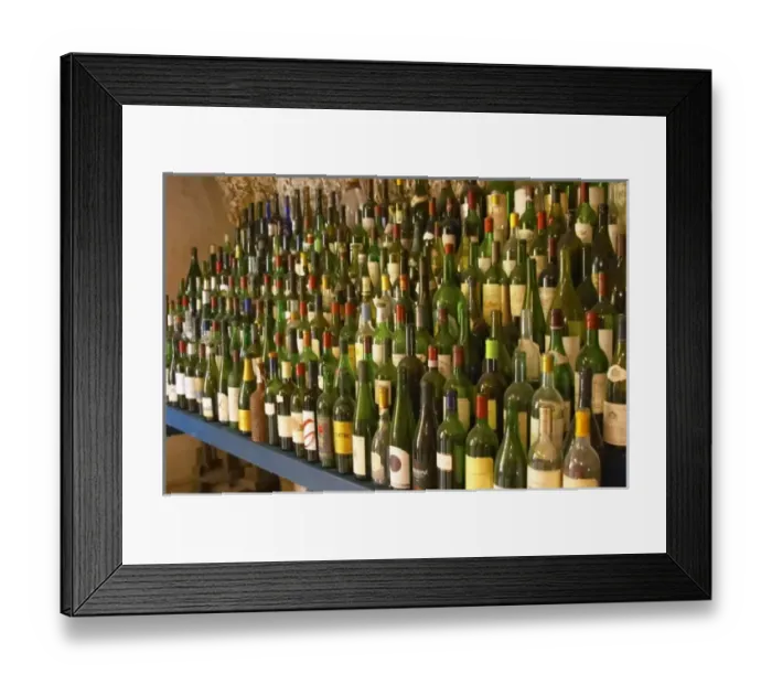 Framed Print : Many empty bottles in the tasting room Chateau Belair (Bel Air) 1st, premier Grand Framed Print : Many empty bottles in the tasting room Chateau Belair (Bel Air) 1st, premier Grand