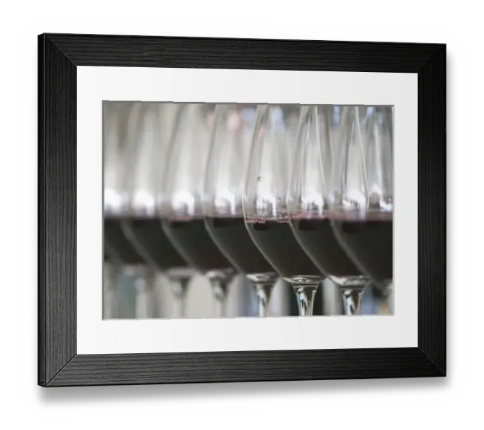 Framed Print : A row of glasses filled with wine for tasting in the tasting room Chateau Paloumey Framed Print : A row of glasses filled with wine for tasting in the tasting room Chateau Paloumey