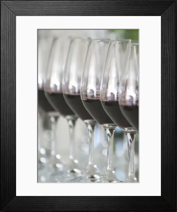 Framed Print : A row of glasses filled with wine for tasting in the tasting room Chateau Paloumey Framed Print : A row of glasses filled with wine for tasting in the tasting room Chateau Paloumey