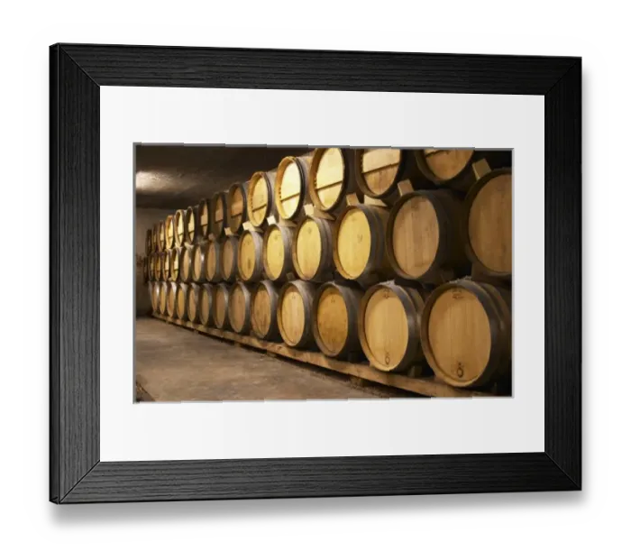 Framed Print : Wooden barrels in the wine cellar. Alain Voge, Cornas, Ardeche, Ardeche, France, Europe