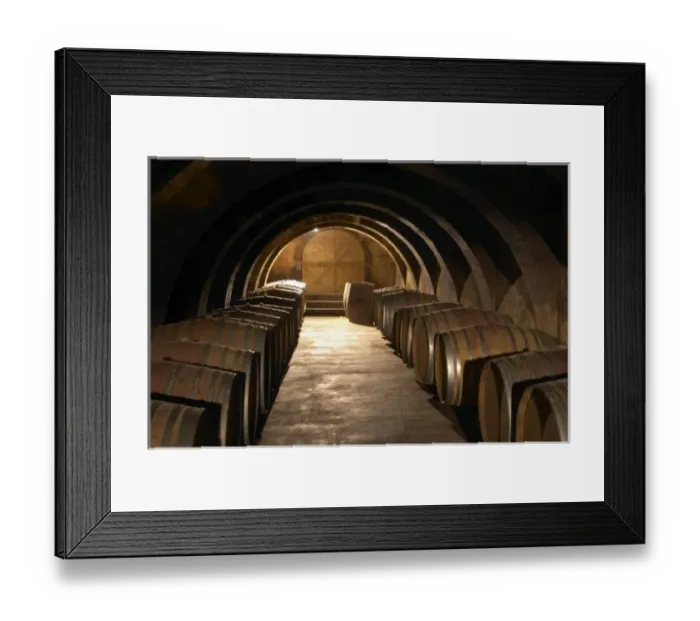 Framed Print : The barrel aging cellar with lines of barriques and dramatic lighting. Chateau Mourgues Framed Print : The barrel aging cellar with lines of barriques and dramatic lighting. Chateau Mourgues