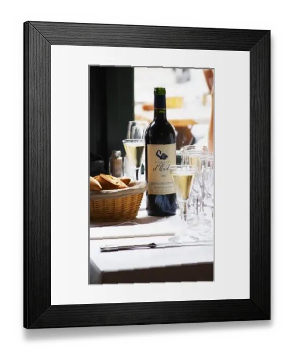 Framed Print : Le Bistrot des Alpilles restaurant, a bottle of Domaine d Eol on the table. Saint Framed Print : Le Bistrot des Alpilles restaurant, a bottle of Domaine d Eol on the table. Saint