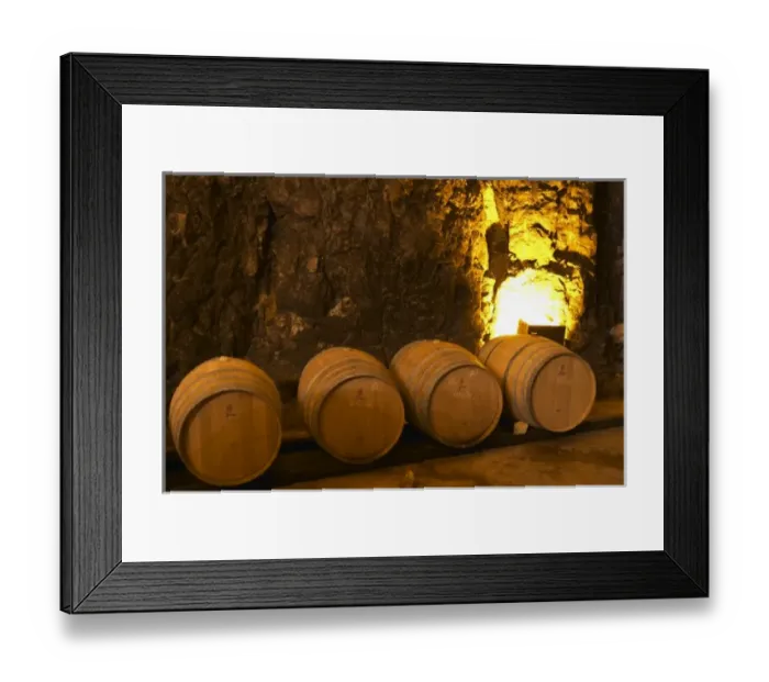 Framed Print : Wooden barrels for fermenting and aging white wine. Chateau Romanin, Saint Remy de Provence
