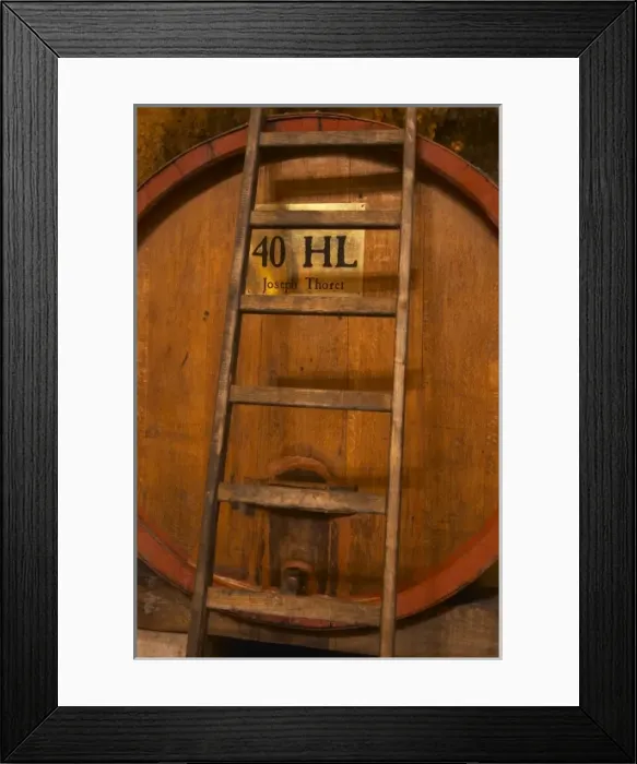 Framed Print : Big wooden vat to store wine, 40 hl hektolitres Joseph Thoret. Ladder leaning against the barrel