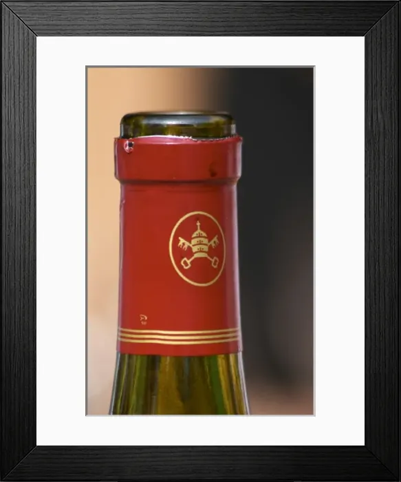 Framed Print : Red chateauneuf bottle with the logo symbol of the appellation, the popes hat and keys