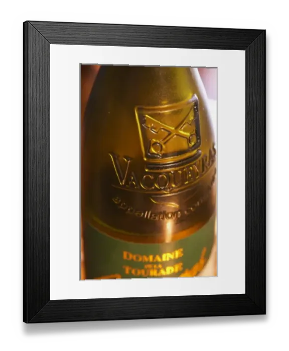 Framed Print : A bottle of Vacqueyras, detail of the glass moulding. Domaine la Tourade, Andre Andre Richard Framed Print : A bottle of Vacqueyras, detail of the glass moulding. Domaine la Tourade, Andre Andre Richard