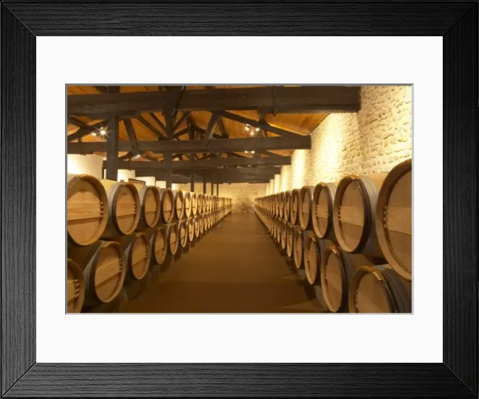 Framed Print : The barrel ageing cellar with rows of oak barriques Chateau Potensac Cru Bourgeois