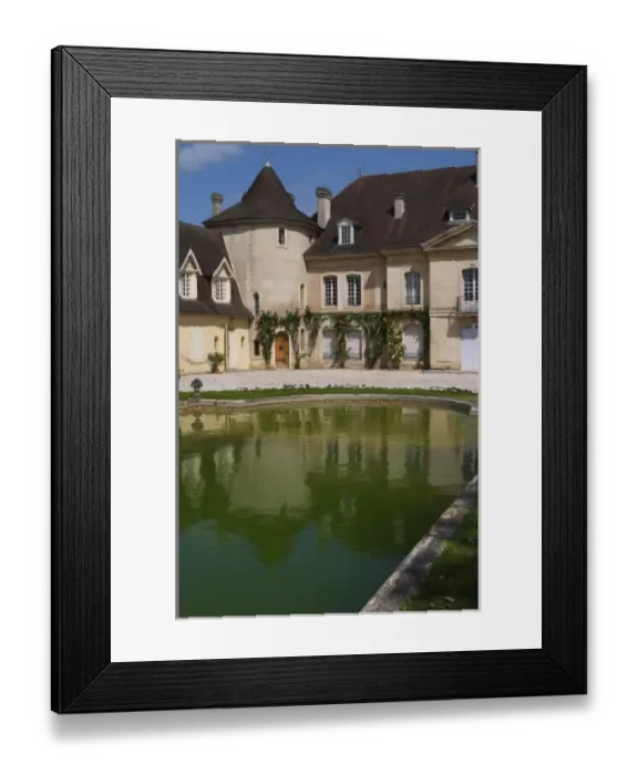 Framed Print : The main building with its tower and a pond with a reflection Chateau Bouscaut Cru Framed Print : The main building with its tower and a pond with a reflection Chateau Bouscaut Cru