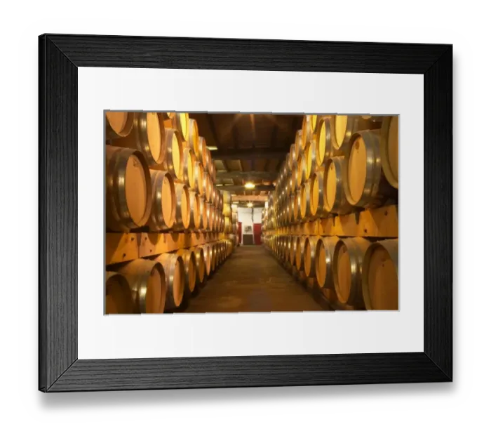 Framed Print : The old cellar for ageing wines in barrel with rows and rows of oak barriques Chateau Framed Print : The old cellar for ageing wines in barrel with rows and rows of oak barriques Chateau