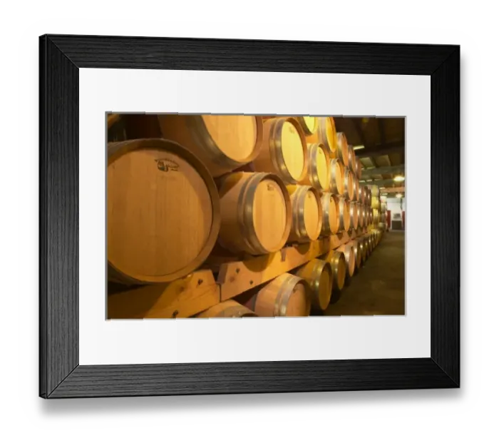 Framed Print : The old cellar for ageing wines in barrel with rows and rows of oak barriques Chateau Framed Print : The old cellar for ageing wines in barrel with rows and rows of oak barriques Chateau