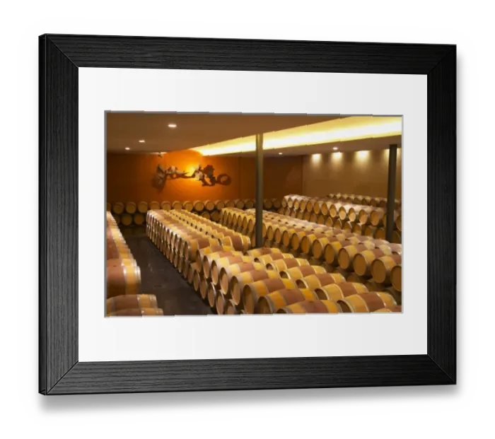 Framed Print : The barrel aging cellar with a sculpture on the far end wall symbolising the flight Framed Print : The barrel aging cellar with a sculpture on the far end wall symbolising the flight