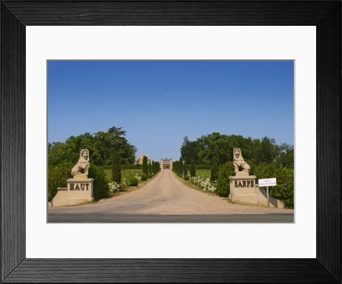 Framed Print : Chateau Haut Sarpe with two lion stone statues and a road lined with bushes leading up to the gate Framed Print : Chateau Haut Sarpe with two lion stone statues and a road lined with bushes leading up to the gate