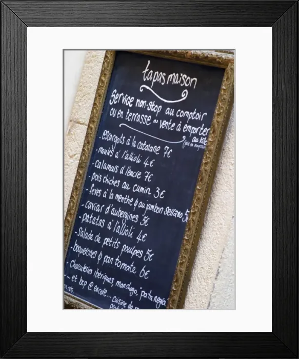 Framed Print : Menu with tapas. Collioure. Roussillon. France. Europe Framed Print : Menu with tapas. Collioure. Roussillon. France. Europe