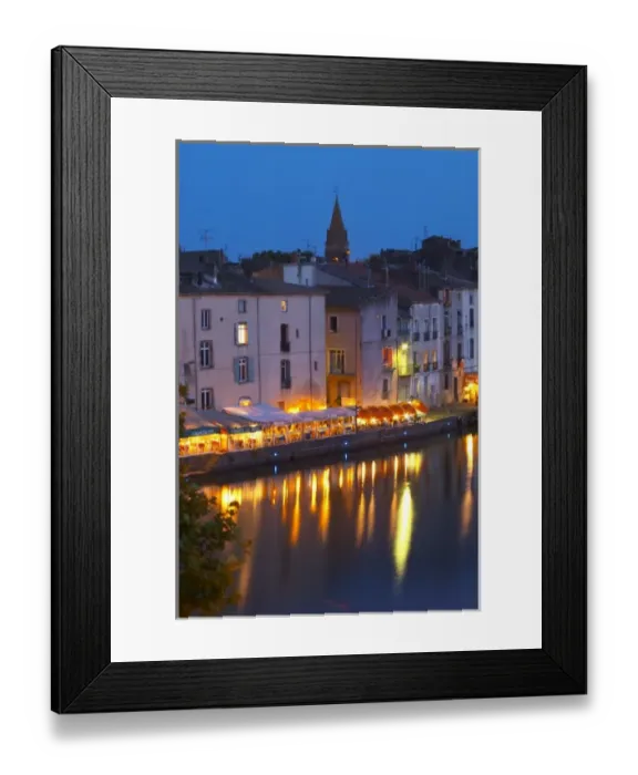 Framed Print : Restaurants along the l Herault river. L Herault river. Agde town. Languedoc Framed Print : Restaurants along the l Herault river. L Herault river. Agde town. Languedoc