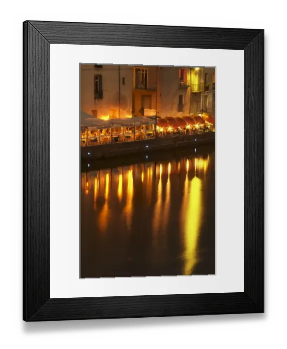 Framed Print : Restaurants along the l Herault river. L Herault river. Agde town. Languedoc Framed Print : Restaurants along the l Herault river. L Herault river. Agde town. Languedoc