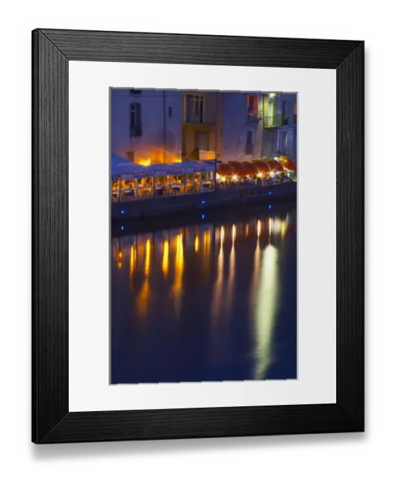 Framed Print : Restaurants along the l Herault river. L Herault river. Agde town. Languedoc Framed Print : Restaurants along the l Herault river. L Herault river. Agde town. Languedoc