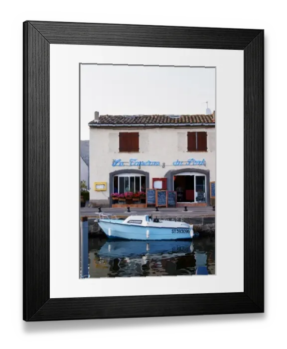 Framed Print : The old harbour. La Taverne du Port with many chalkboards with menus. Marseillan Framed Print : The old harbour. La Taverne du Port with many chalkboards with menus. Marseillan