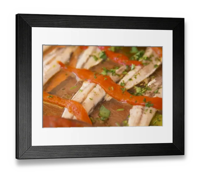 Framed Print : Collioure. Roussillon. Marinated anchovies and red bell pepper as a starter. France Framed Print : Collioure. Roussillon. Marinated anchovies and red bell pepper as a starter. France